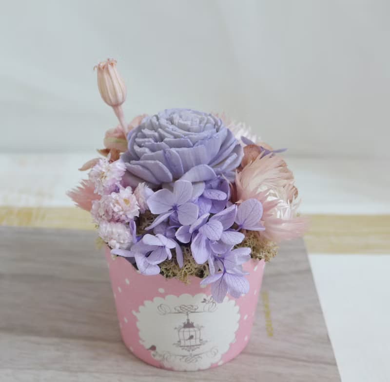情人節禮物花束粉紫玫瑰蛋糕花 甜點花盆栽 結婚捧花永生乾燥花情