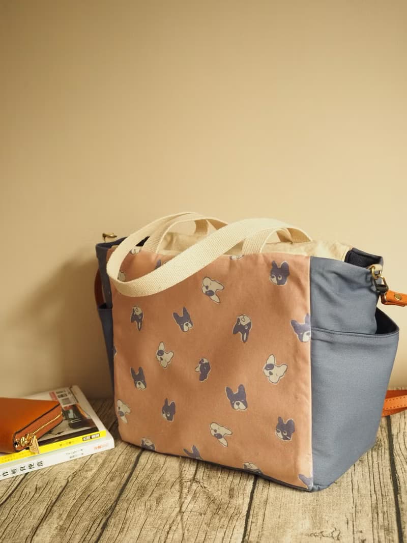 原創手工縫製托特側肩包帆布包 可愛鬥牛梗犬圖案