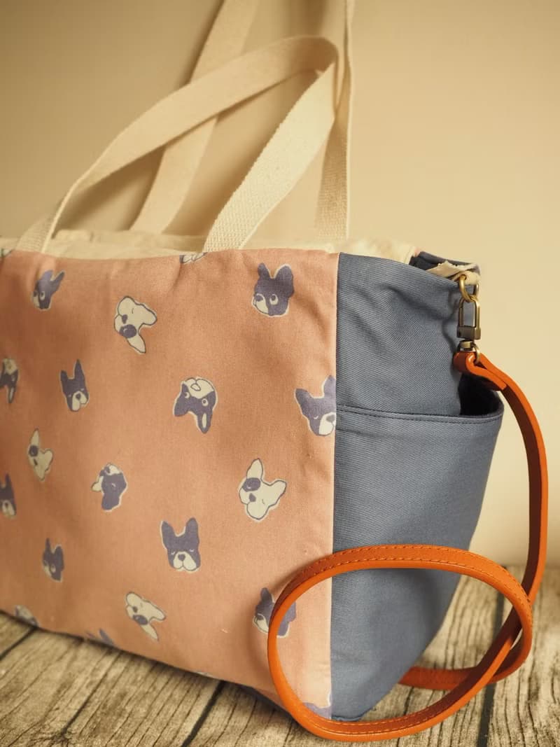 原創手工縫製托特側肩包帆布包 可愛鬥牛梗犬圖案