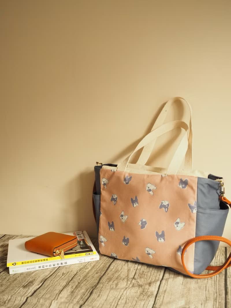 原創手工縫製托特側肩包帆布包 可愛鬥牛梗犬圖案