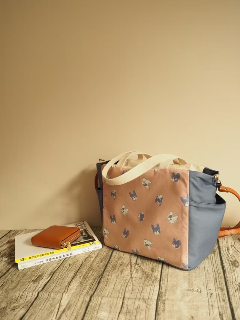 原創手工縫製托特側肩包帆布包 可愛鬥牛梗犬圖案