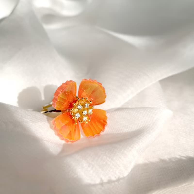 戒指 罌粟花 樹脂 開口戒 花 銀飾 水鑽 生日 禮物 手工 情人節