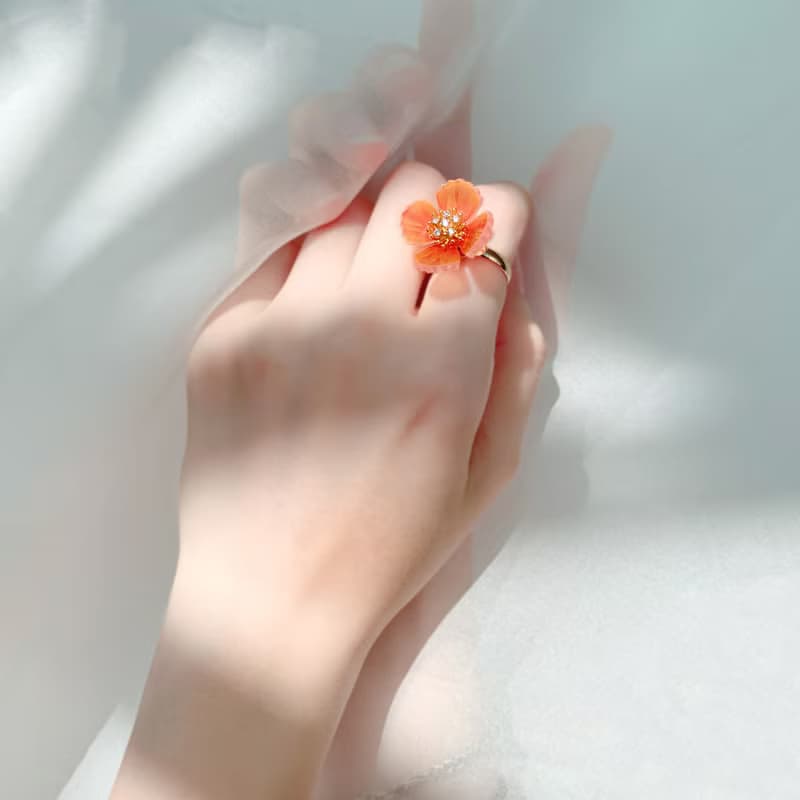 戒指 罌粟花 樹脂 開口戒 花 銀飾 水鑽 生日 禮物 手工 情人節