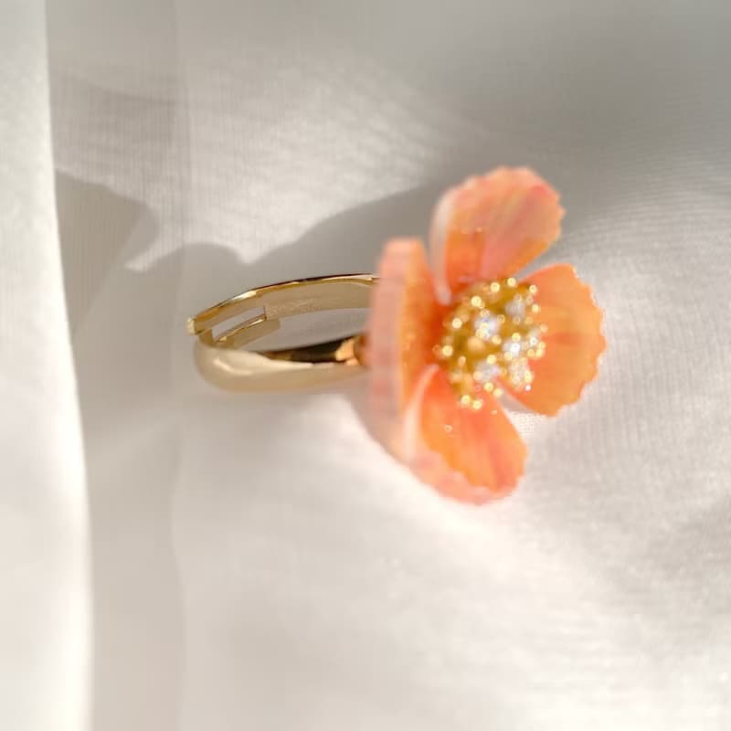 戒指 罌粟花 樹脂 開口戒 花 銀飾 水鑽 生日 禮物 手工 情人節