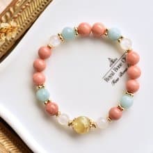 粉橘阿拉善瑪瑙+鋰雲母+月光石+天河石黃銅鍍金水晶手鍊