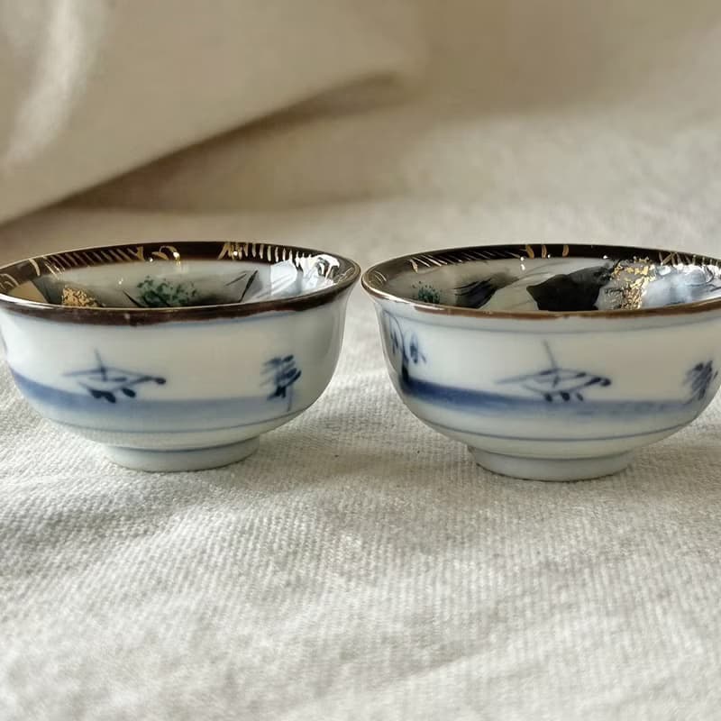 日本 日式九谷燒仙山瓊閣金繪小酒杯│昭和時期 金襴赤繪 詩意