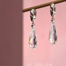 Hi Onion原創小眾超閃透明鋯石水滴耳環S925銀耳扣耳夾個性高級