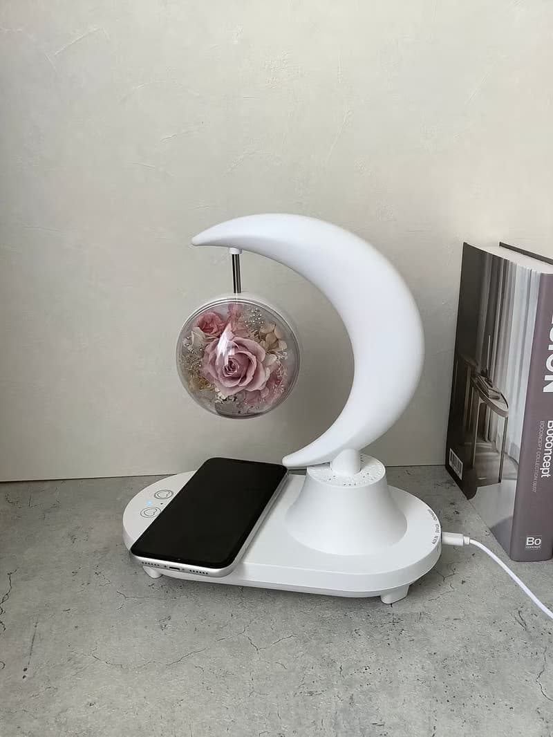 永生花 月亮手機無線充電/藍芽音箱/多色燈光觸控檯燈/夜燈