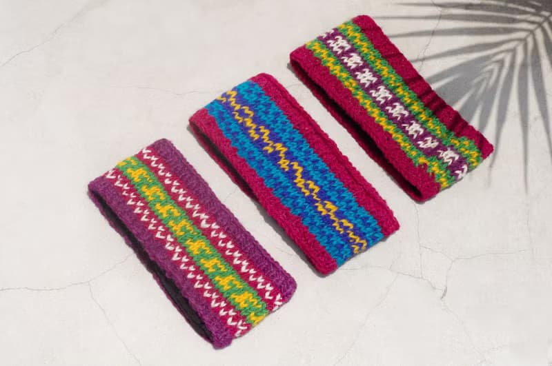 七夕禮物 限量手工 / 手工羊毛編織繽紛髮帶/ 純羊毛編織髮帶 / boho headband / 花朵鉤織髮帶 / 內刷毛髮帶 / 針織髮帶 - 南美鮮豔色系條紋