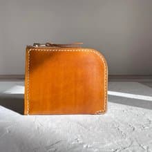 不撞包黃棕色植鞣革全真皮L型拉鍊零錢包/短夾