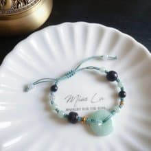 天然緬甸玉翡翠 綠翡平安扣 黑檀木 設計款 手鍊 禮物 手繩