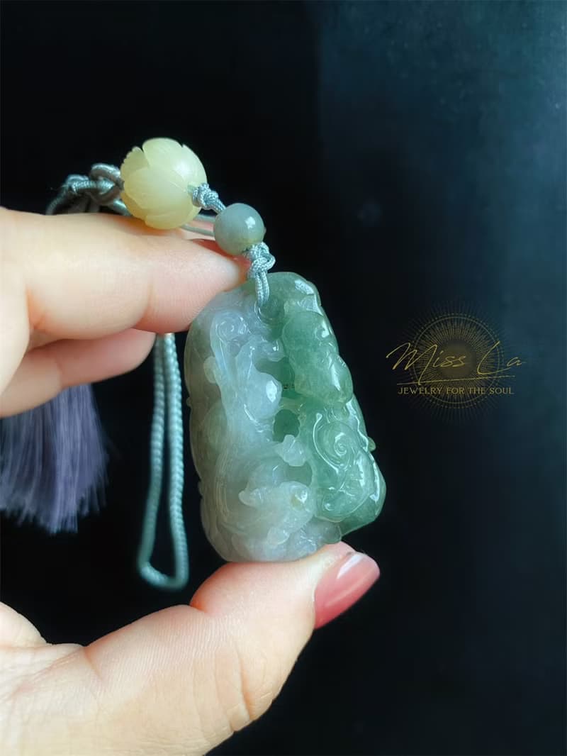 天然緬甸玉 翡翠 螭龍 如意 一葉致富 發財 包掛 禮物 車掛