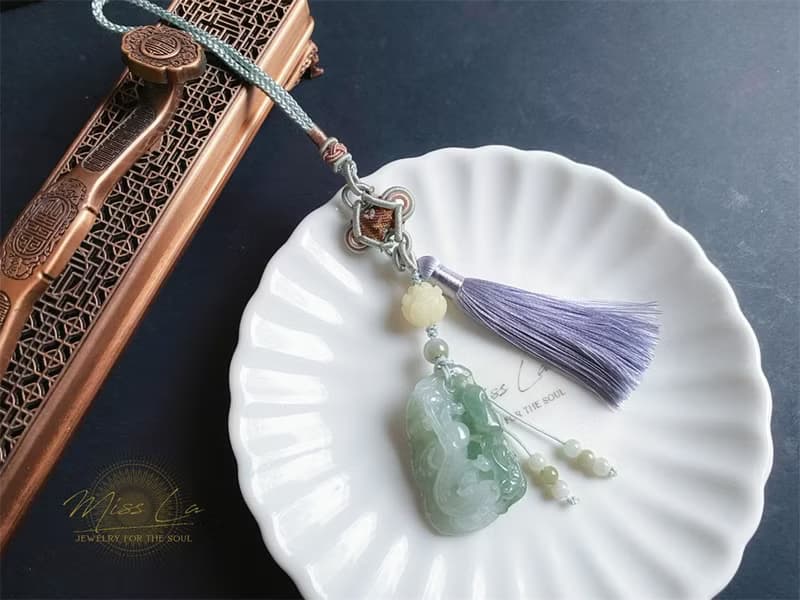天然緬甸玉 翡翠 螭龍 如意 一葉致富 發財 包掛 禮物 車掛
