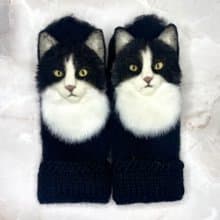 独特的手工猫头鹰连指手套。 温暖的羊毛妇女连指手套与猫头鹰。