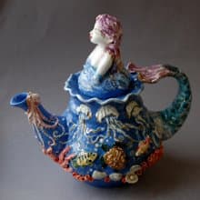 Blue art teapot Mermaid figurine Fish,seashells,sea turtle relief Porcelain art