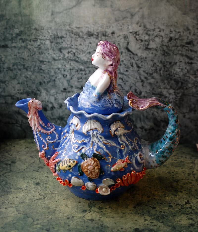 Blue art teapot Mermaid figurine Fish,seashells,sea turtle relief Porcelain art