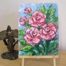 Original oil painting Pink Wild Roses on canvas home decoration on wooden easel