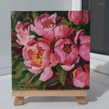 Pink peonies painting original artwork floral small art flower painting 15x15 cm