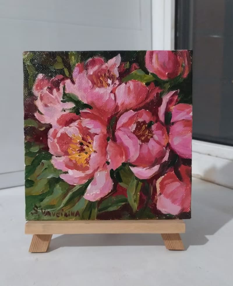 Pink peonies painting original artwork floral small art flower painting 15x15 cm