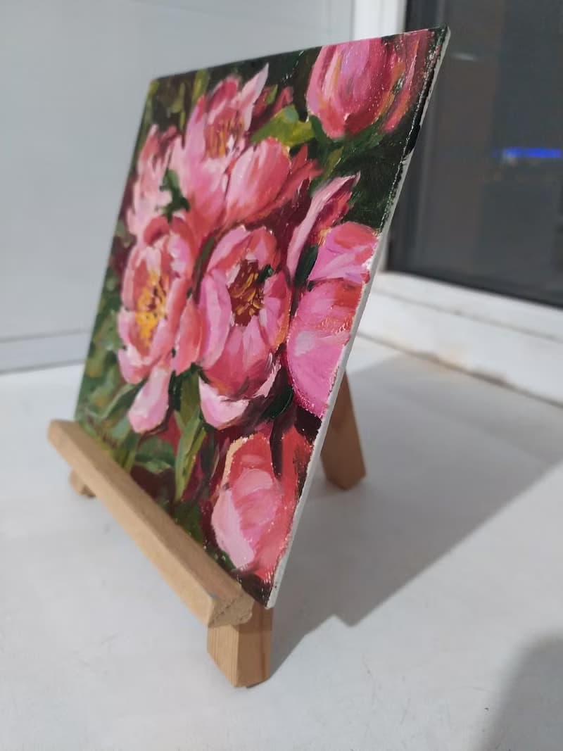 Pink peonies painting original artwork floral small art flower painting 15x15 cm