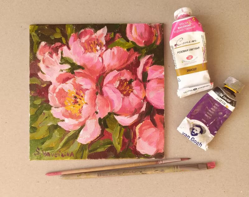 Pink peonies painting original artwork floral small art flower painting 15x15 cm