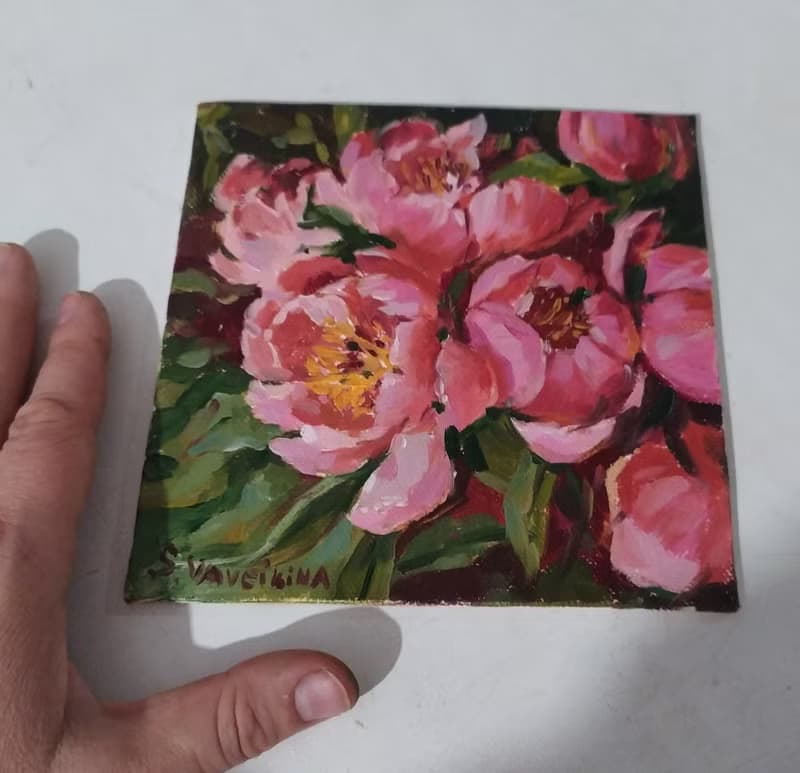 Pink peonies painting original artwork floral small art flower painting 15x15 cm