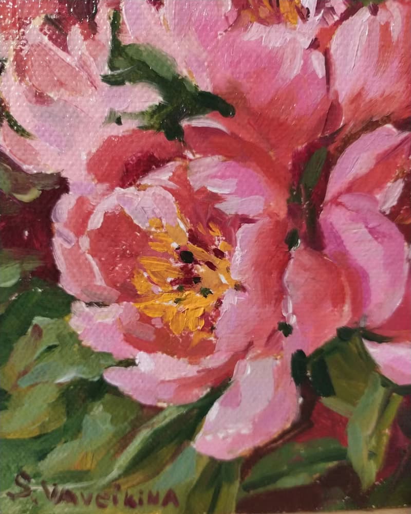 Pink peonies painting original artwork floral small art flower painting 15x15 cm