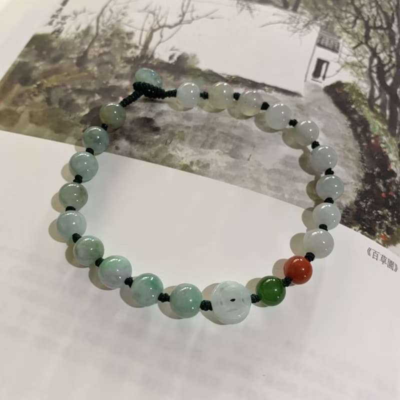 手作 霧靄沉沉。天然翡翠復古編織手鏈 玉錢雕刻俄料碧玉南紅手繩