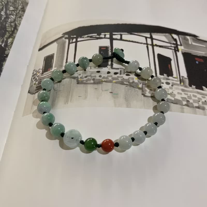 手作 霧靄沉沉。天然翡翠復古編織手鏈 玉錢雕刻俄料碧玉南紅手繩