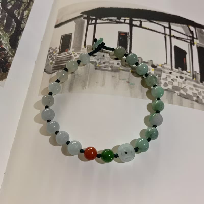 手作 霧靄沉沉。天然翡翠復古編織手鏈 玉錢雕刻俄料碧玉南紅手繩