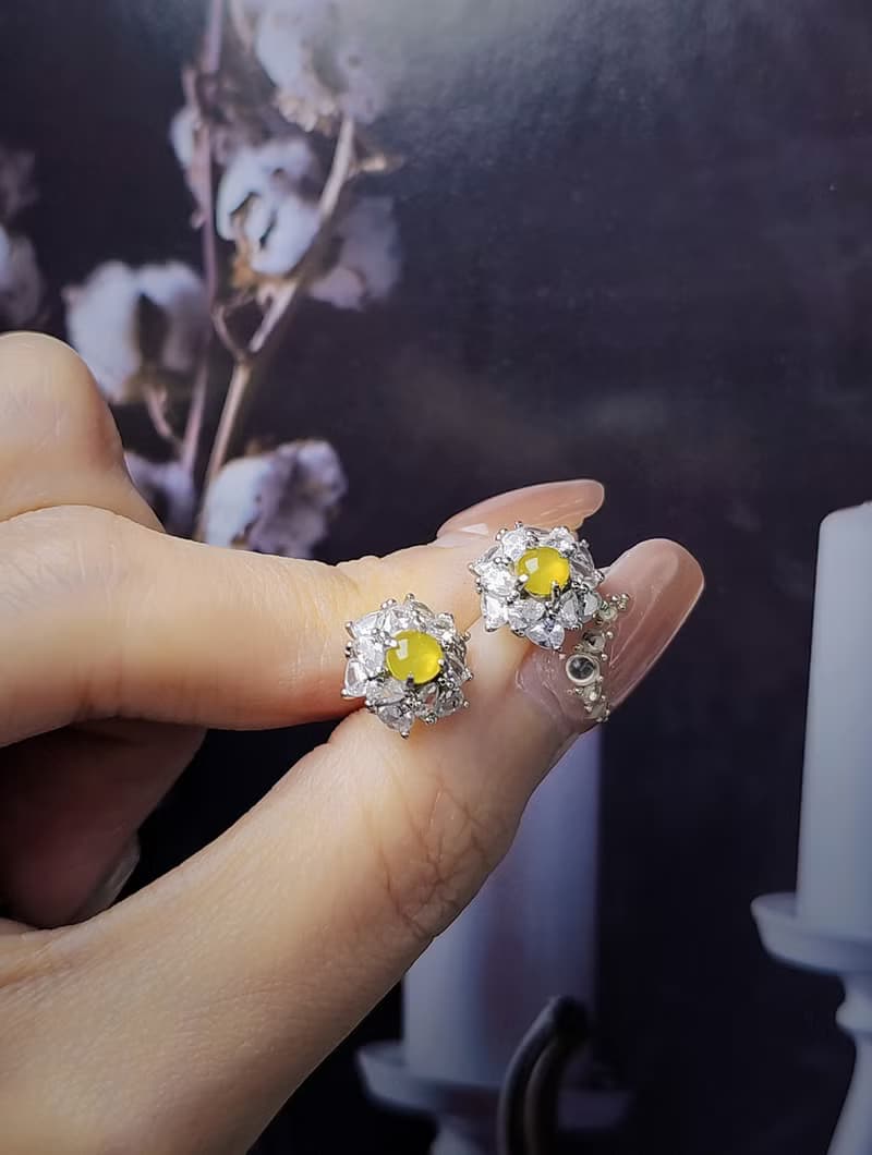 招財|奢華鵝黃|緬甸A貨翡翠冰玻無燒黃翡起瑩蛋面純銀豪鑲耳環