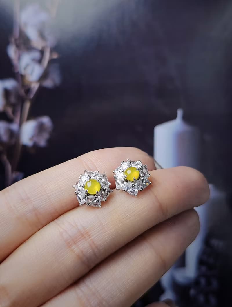 招財|奢華鵝黃|緬甸A貨翡翠冰玻無燒黃翡起瑩蛋面純銀豪鑲耳環