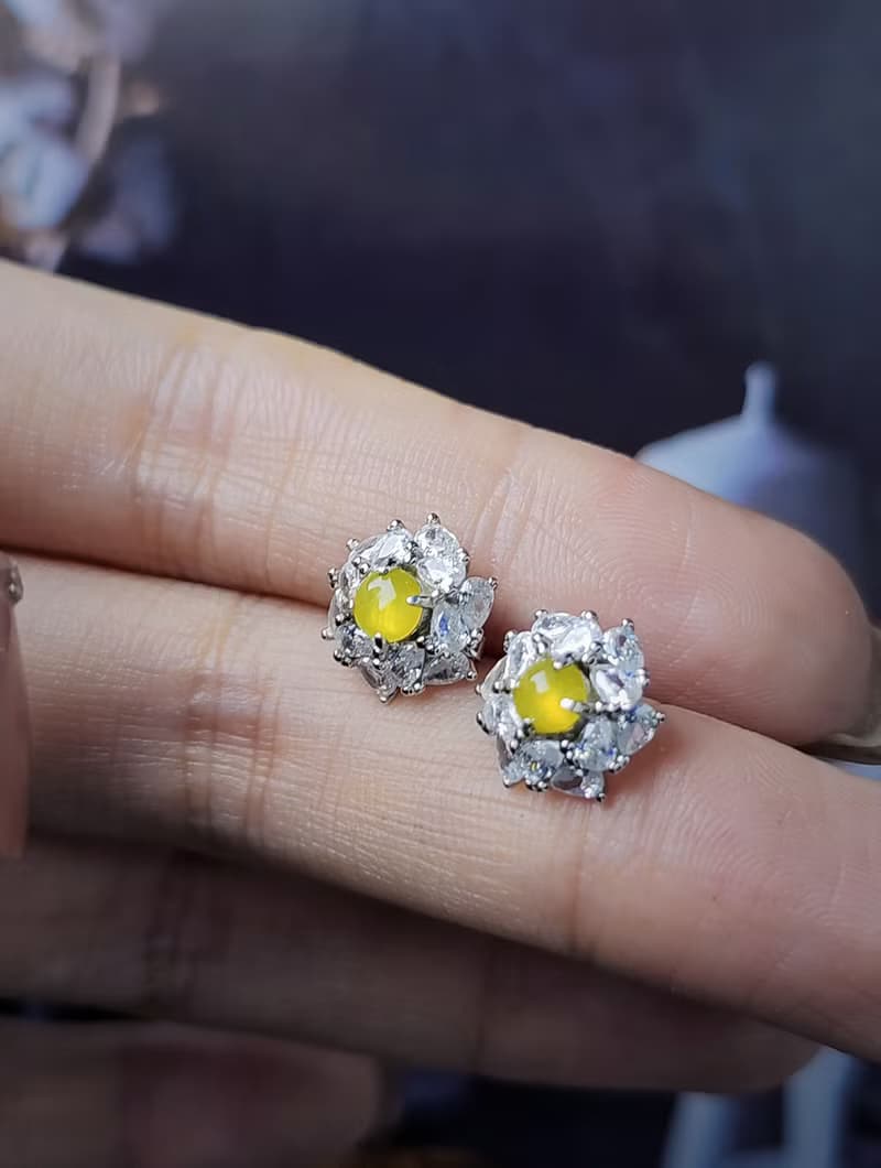 招財|奢華鵝黃|緬甸A貨翡翠冰玻無燒黃翡起瑩蛋面純銀豪鑲耳環