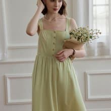 Flora 天絲棉綠色吊帶高腰連衣裙