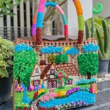 Water hyacinth bag embroidered with a garden pattern, beautiful vintage flower lover