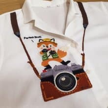 手工刺繡襯衫、亞麻織物、狐狸、帳篷、獨木舟、紅色印度帳篷
