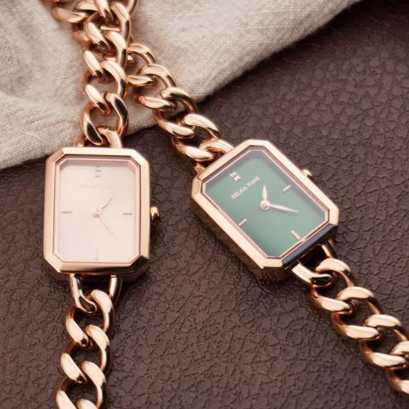 RELAX TIME 長方手鍊風格女錶 玫瑰金 綠 (RT-109-2-06)