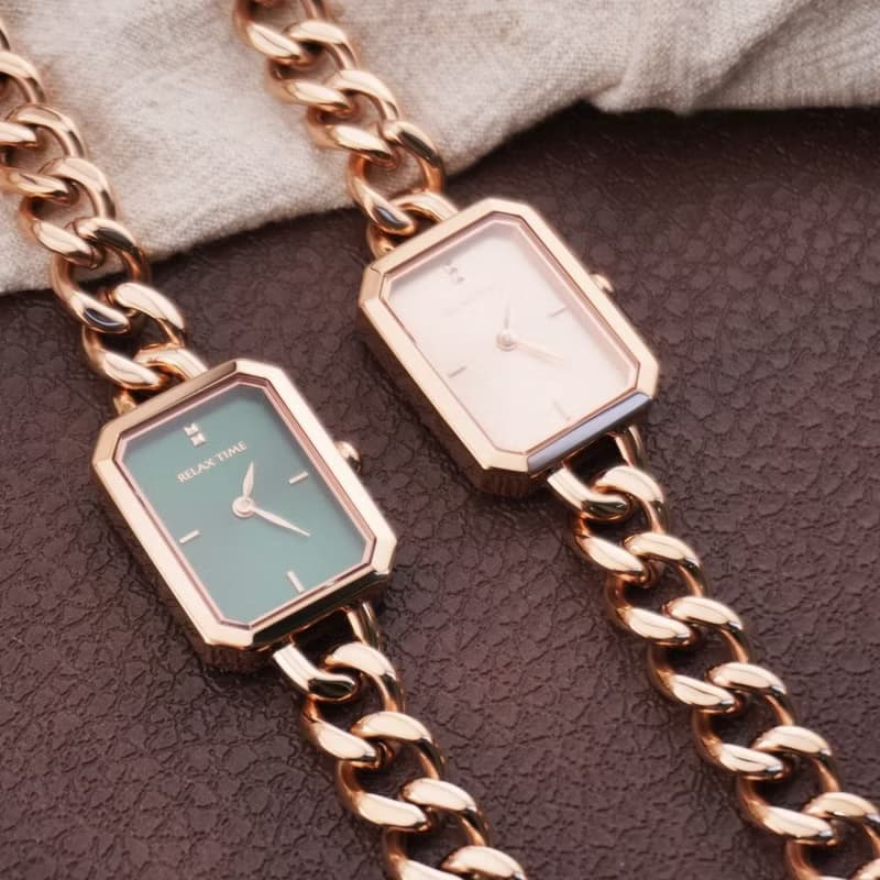 RELAX TIME 長方手鍊風格女錶 玫瑰金 綠 (RT-109-2-06)