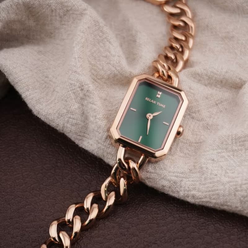 RELAX TIME 長方手鍊風格女錶 玫瑰金 綠 (RT-109-2-06)