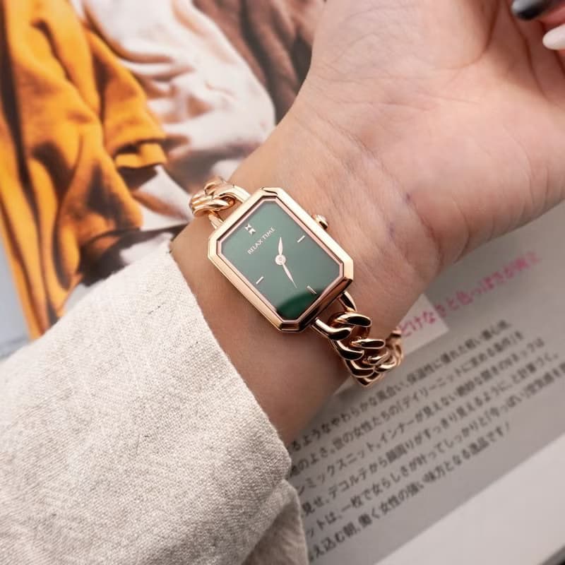 RELAX TIME 長方手鍊風格女錶 玫瑰金 綠 (RT-109-2-06)