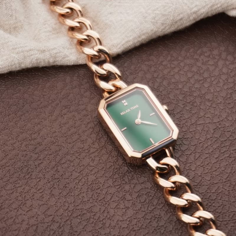 RELAX TIME 長方手鍊風格女錶 玫瑰金 綠 (RT-109-2-06)