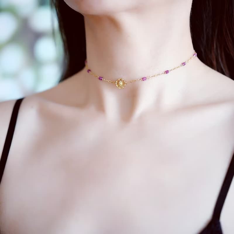 数量限定 金木犀とピンクサファイアのチョーカーネックレス アジャスター付 9月誕生石