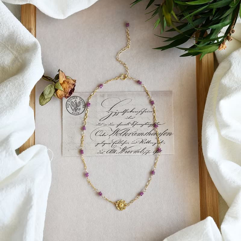 数量限定 金木犀とピンクサファイアのチョーカーネックレス アジャスター付 9月誕生石