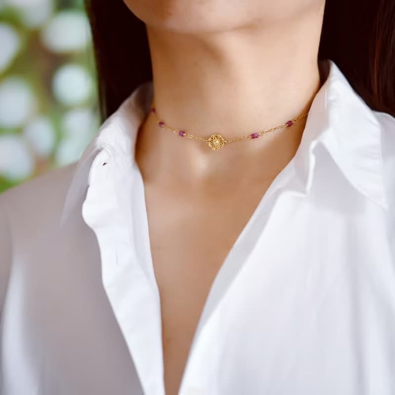 数量限定 金木犀とピンクサファイアのチョーカーネックレス アジャスター付 9月誕生石