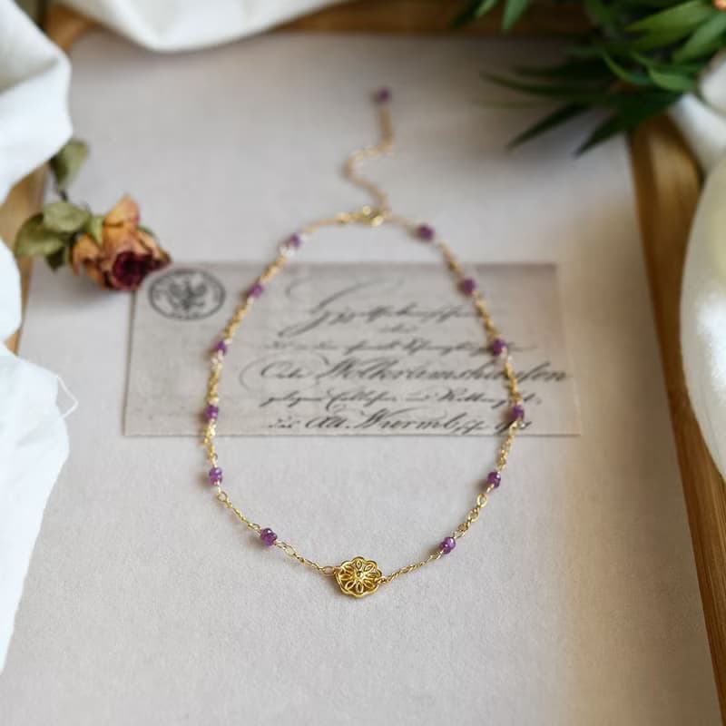 数量限定 金木犀とピンクサファイアのチョーカーネックレス アジャスター付 9月誕生石