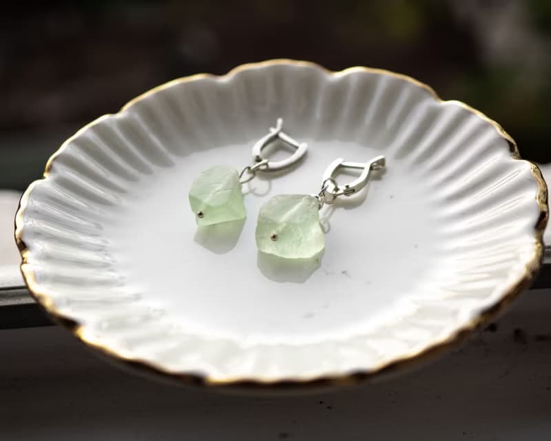 Rough Green Fluorite Earrings, 925 Sterling Silver, Gemini Stone, Libra gift