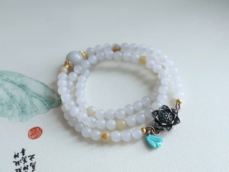 天然煙紫和田玉手鏈手串搭配綠松石古法銀蓮花珠好運連連生日禮物