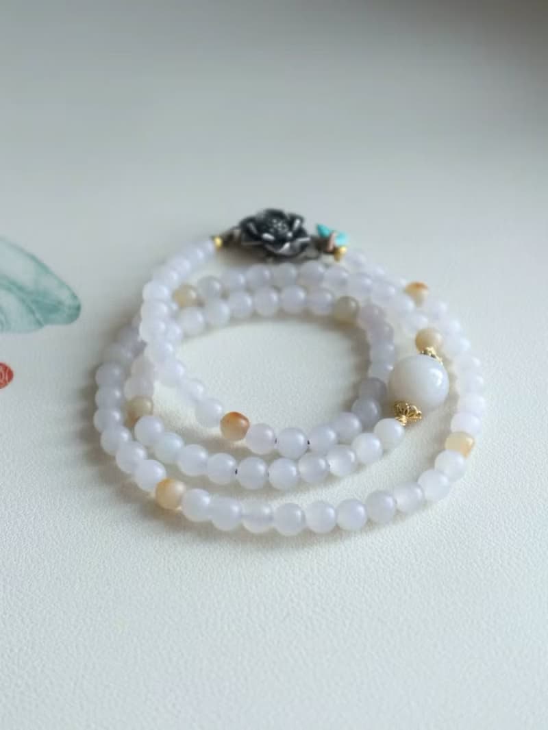 天然煙紫和田玉手鏈手串搭配綠松石古法銀蓮花珠好運連連生日禮物