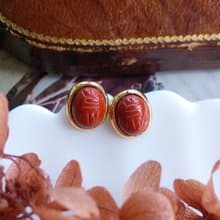 Vintage Jewelry 西洋古董飾品 聖甲蟲系列 橢圓 棗紅 針式耳環