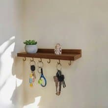 Handcrafted Wooden Floating Shelf with Hooks 30 cm 6 hooks